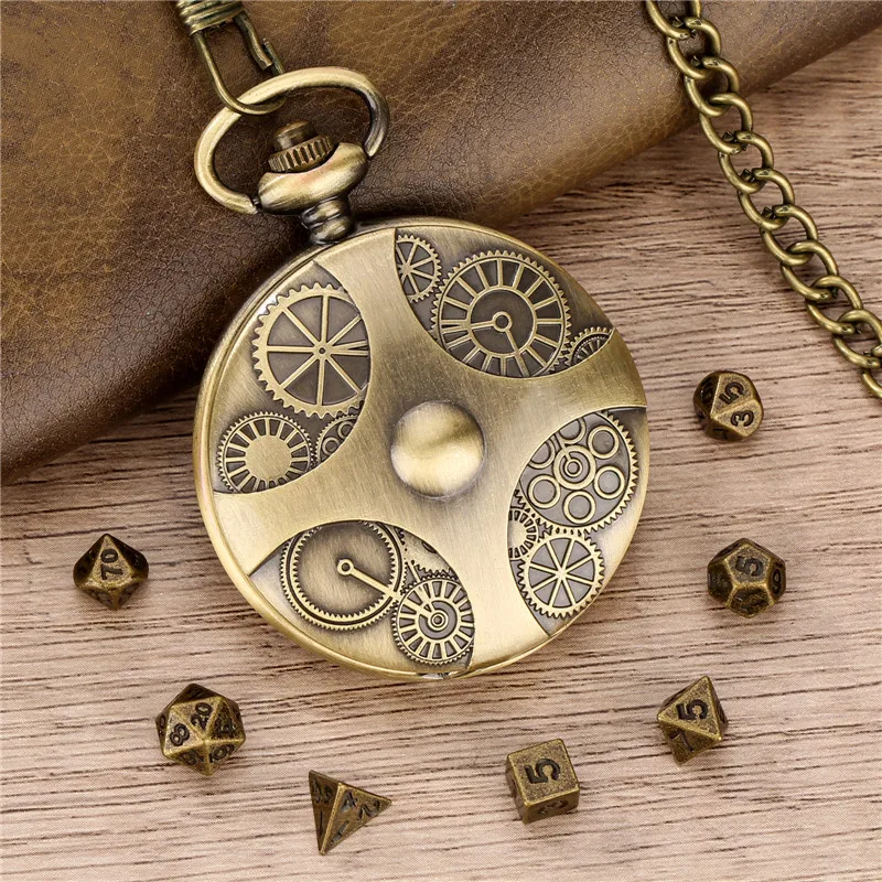 

Antique Engraved Gear Cover Pocket Watch Case with Fob Chain 7Pcs/set Metal Polyhedral Dice Game Accessory Gaming Gift