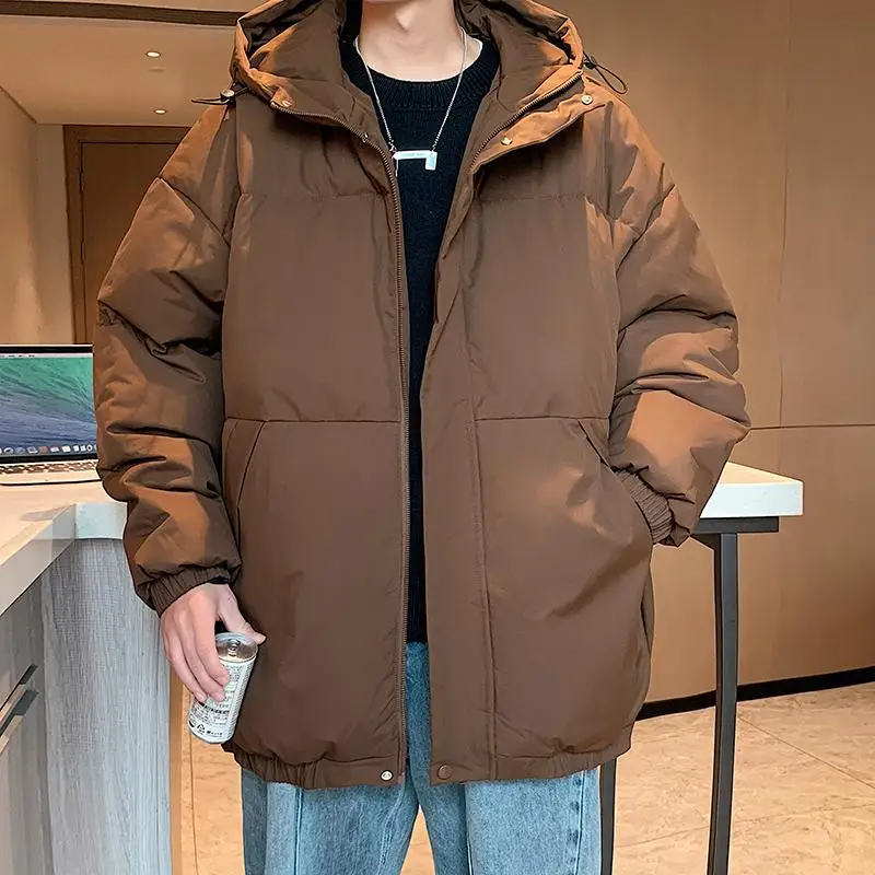 New 2023 Autumn Winter Men's Thick Warm Parkas Solid Color Hooded Cotton-Padded Jacket Youth Loose Down Coat Outwear Top Clothes