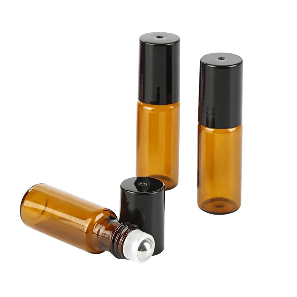 5pcs/lot 1ml 2ml 3ml 5ml 10ml Amber Glass Doterra Essential Oil Roll on Bottles TestVials Steel Ball Containers