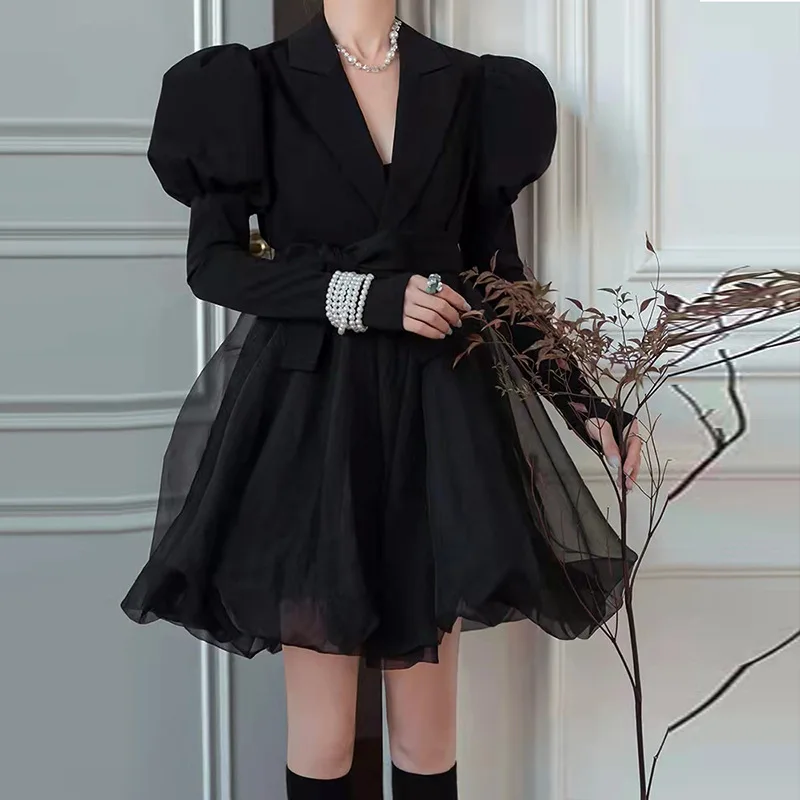 

2023 spring fashion classic mesh stitching design sense waist closed black suit jacket women