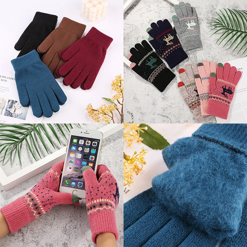 

1pair Winter Christmas Male Female Cartoon Deer Plush Thickened Wool Knitted Touch Screen Riding Warm Proof Split Finger Gloves