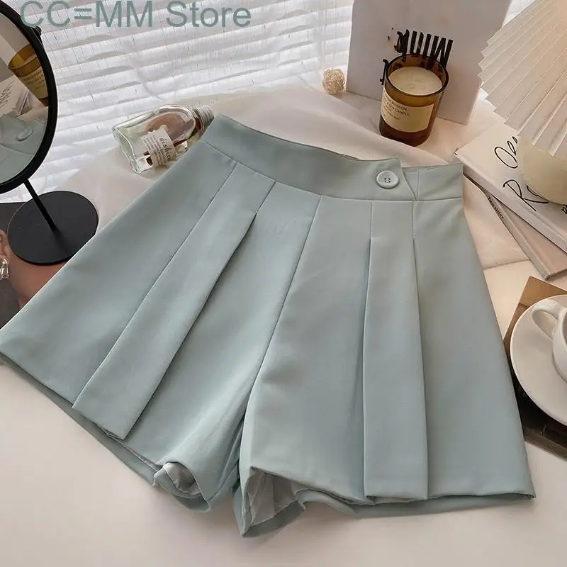New Elegant Suits Shorts for Women High Waisted Solid Folds Chic Shorts Summer Korean Office Ladies Casual Shorts