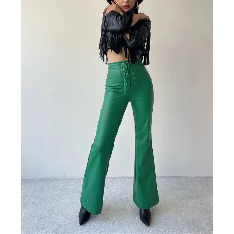 Women's Sexy Spicy Girl Flare Pants Autumn New Lace Up Design High Waist PU Leather Slim Trousers for Women