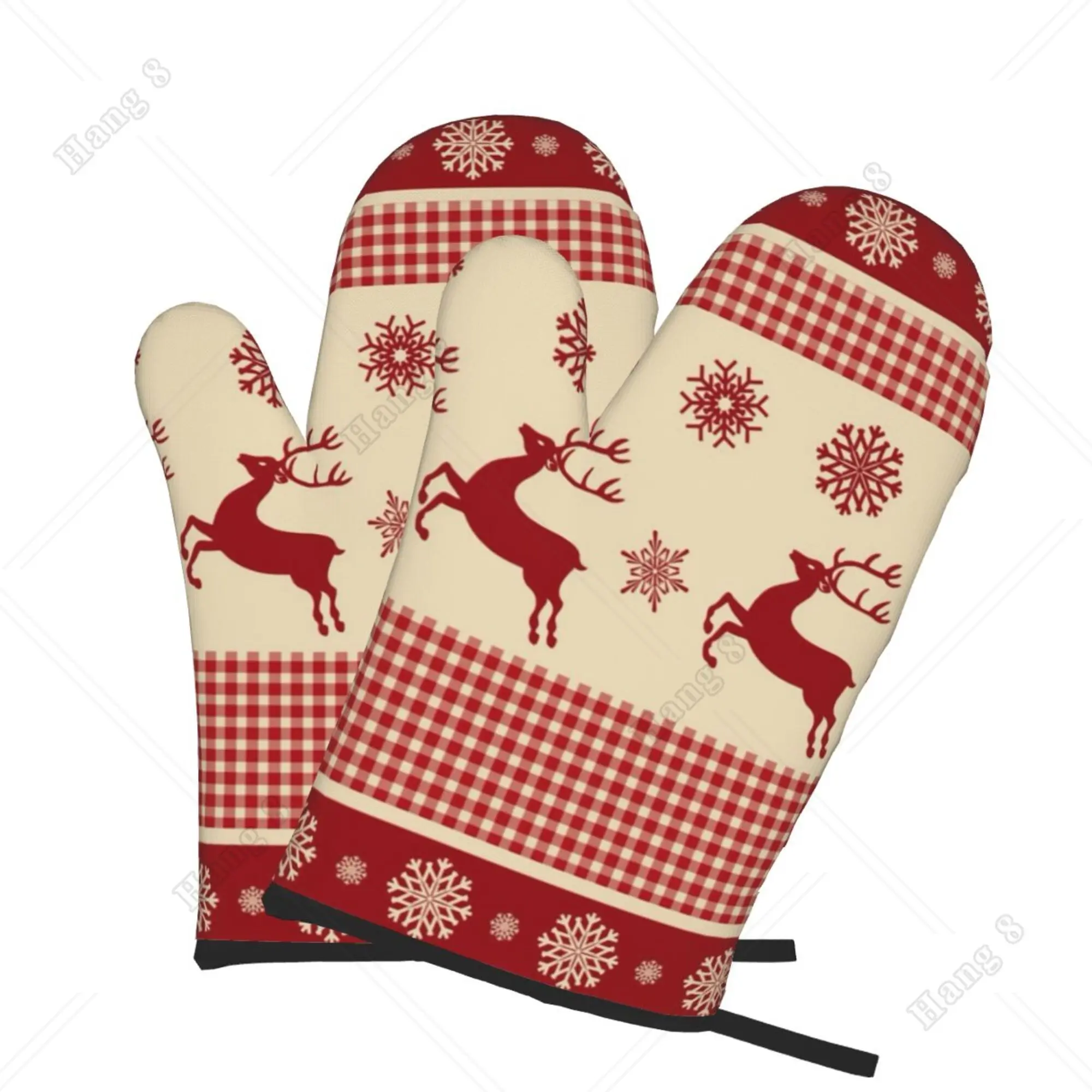 

Christmas Reindeer Snowflakes Tartan Oven Gloves 2pc for Men Women Cooking Bbq Heat Resistant Print Gift One Size Kitchen Gloves