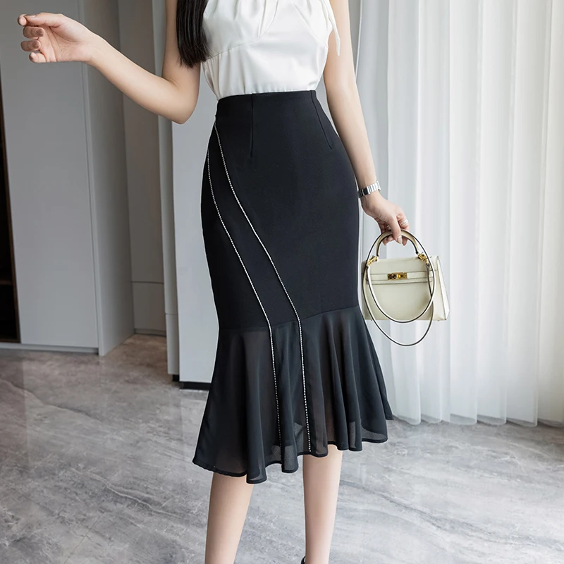 

Spring and Summer Black Fishtail Women's Skirt Mid-length Slim-fit High Waist Chiffon Stitching Diamond Ruffled Hip Skirt