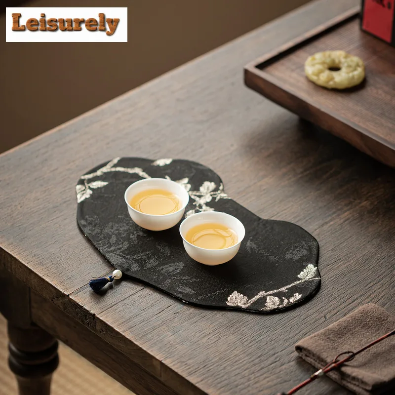 Brocade Plum Blossom Embroidery Tea Table Mats Elegant Drink Coaster Household Dinner Table Cloth Mat Cha Equipment Decoration