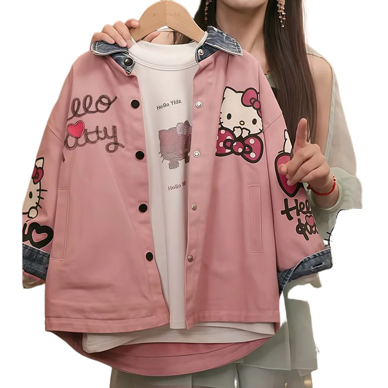 Sanrio 헬로 키티 청소년 겨울 코트 카와이 Y2K 애니메이션 아동 의류 어린이 경량 캐주얼 스트리트웨어 따뜻한 양털 재킷