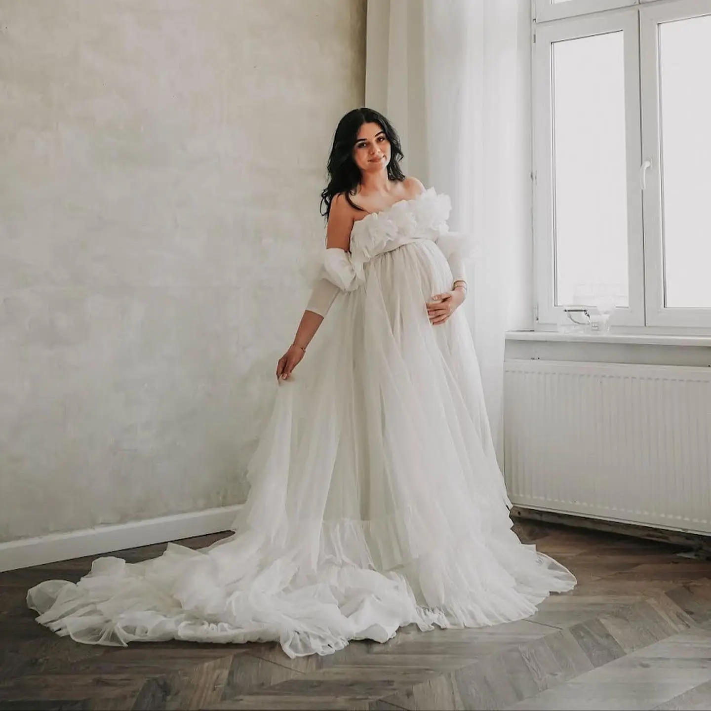 

Off White A Line Maternity Robes for Photography Off Shoulder Ruffles Pregnancy Pajamas Sexy Floor Length Babyshower Gowns