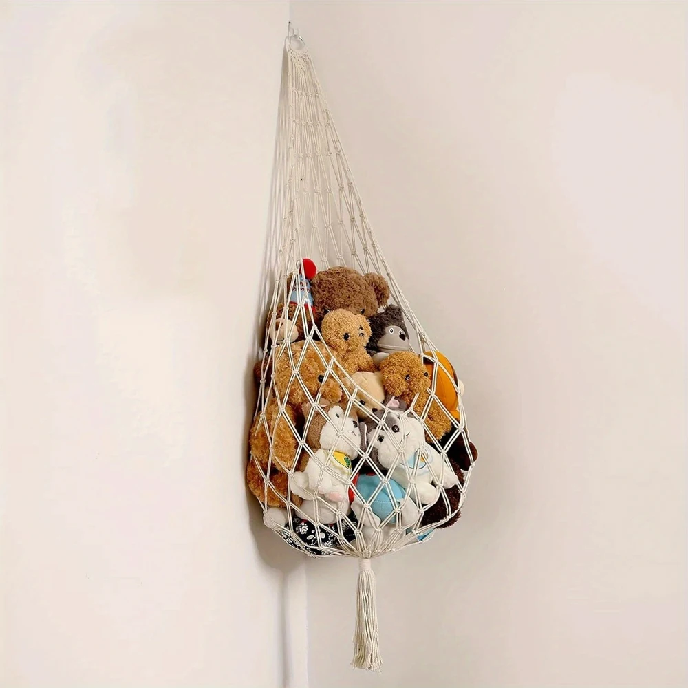 Hanging Toy Storage Hammock Bohemian Toy Storage Hand Woven Plush Toy Mesh Bag,Creative Storage Hammock