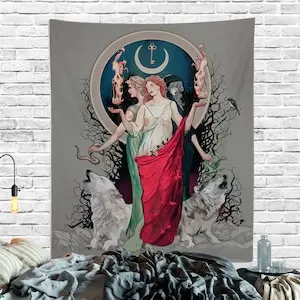 Hecate Red Dress Moon Goddess Art Hecate Tapestry Moon and Wolves Tapestry Witchy Art Black and White Gothic