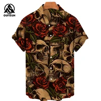 Summer Fashion Men's Short Sleeve Casual Printed Shirt Flowers Horror Skull Print Vacation Travel Oversized Top Size S-5XL 1