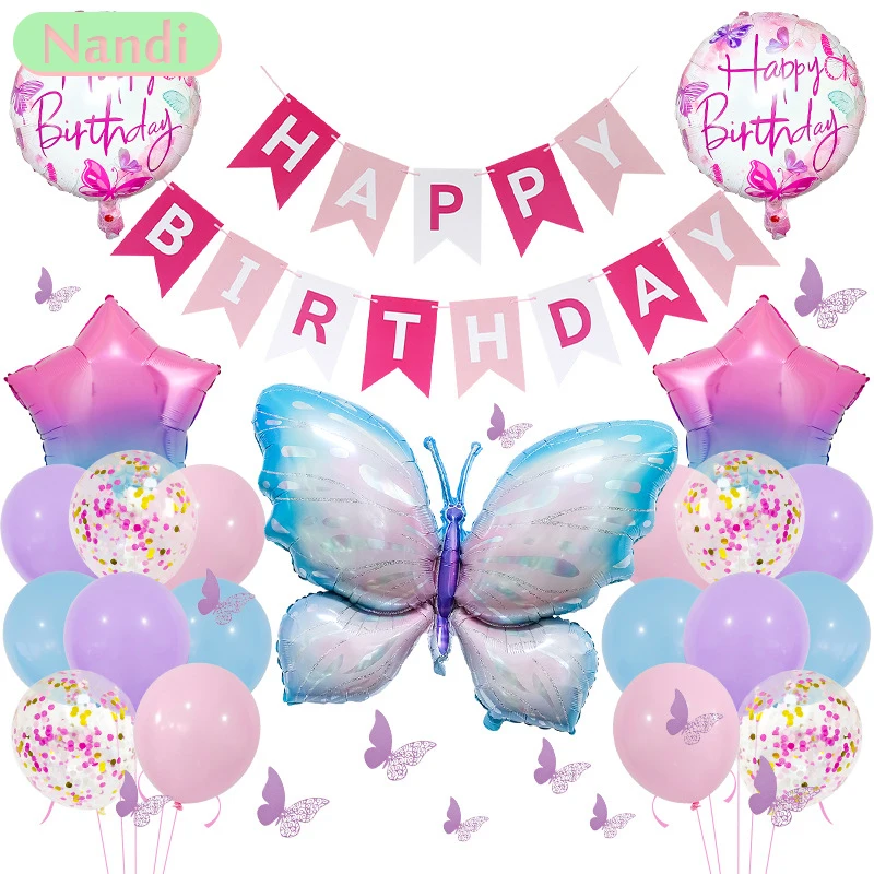 

37PCS Butterfly Theme Birthday Party Balloon Set Birthday Flag Party Decoration Butterfly Wings Gradient Stars Scene Layout