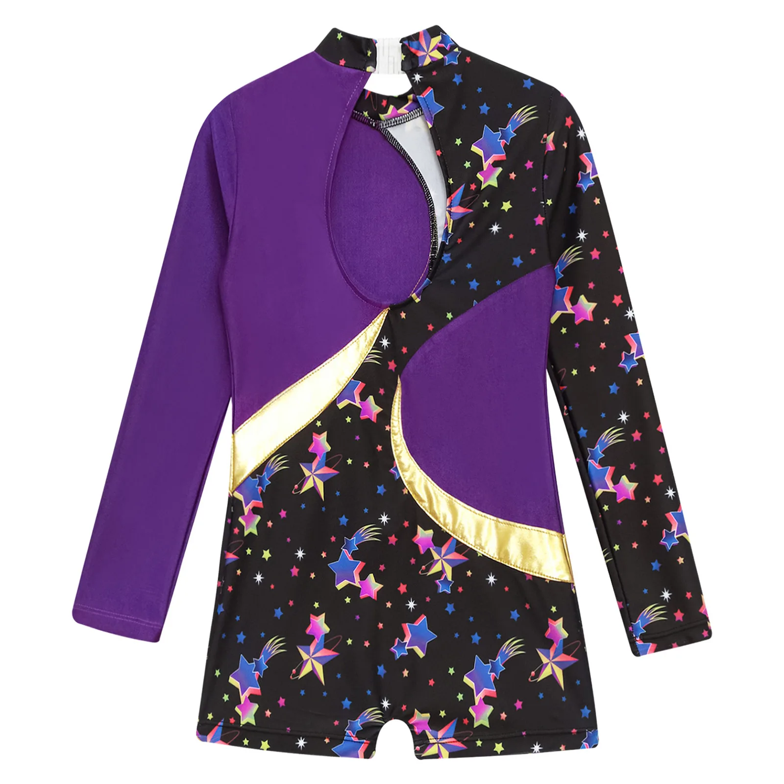 Kids Girls Print Ballet Dance Leotard Long Sleeve Gymnastics Jumpsuit Keyhole Back Patchwork Boyleg Sport Athletic Bodysuit