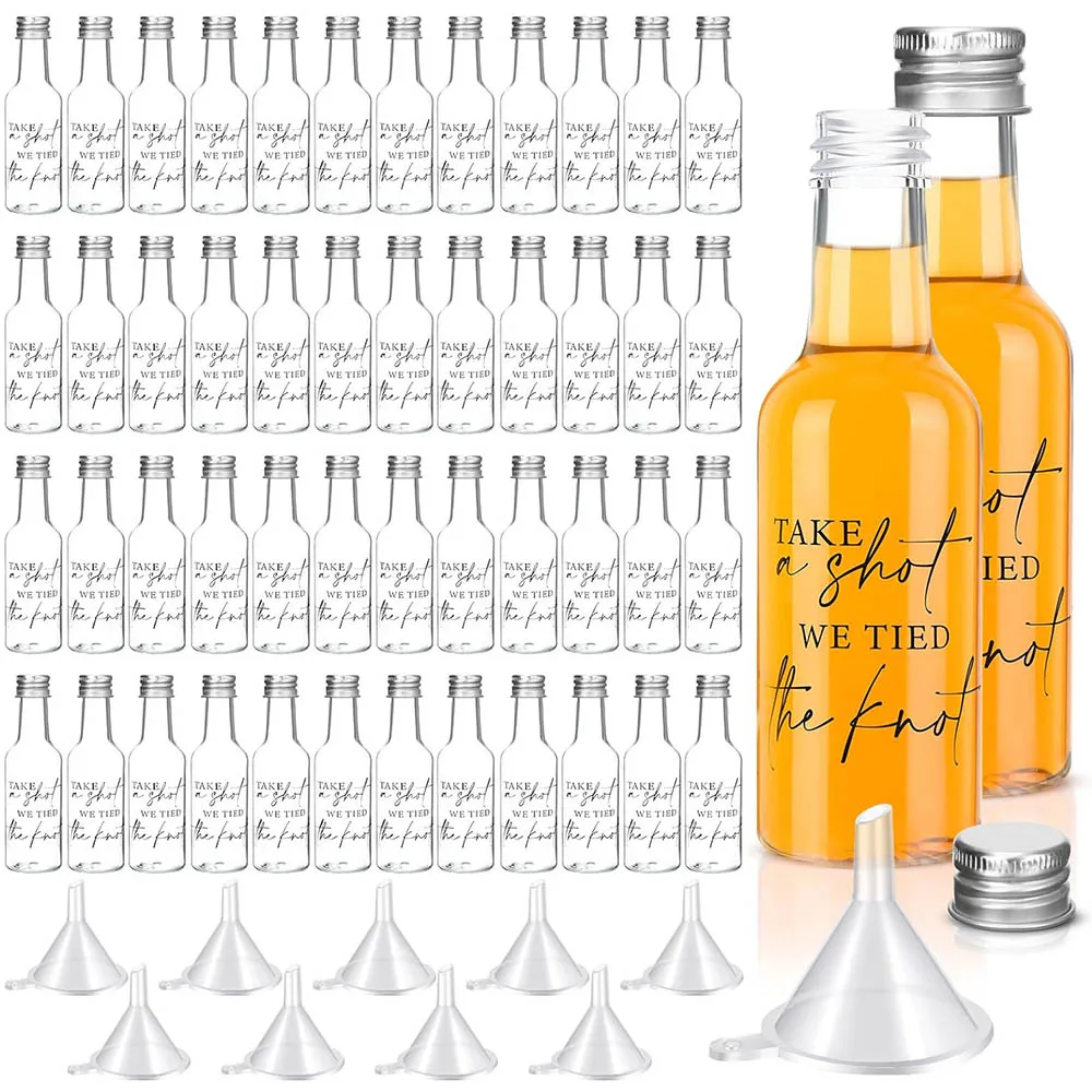 

Mini Wedding Liquor Bottles for Guests 1.7Oz/50 ml Plastic Reusable Empty Bottle with Cap Funnel Acrylic Shot Bottles Silver