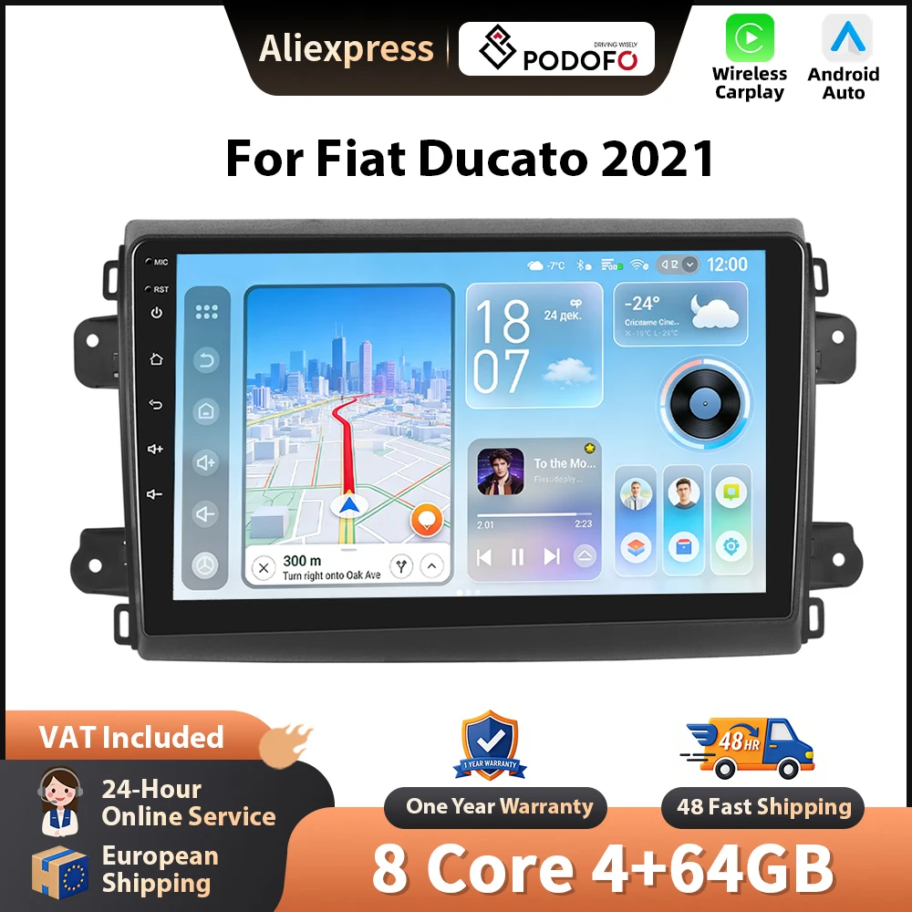 Podofo Radio con Carplay inalámbrico de 9 pulgadas para Fiat Ducato 2021, sistemas inteligentes para automóvil, navegación GPS, BT, FM/RDS, 2din, autorradio, Plug&Play, unidad principal, SWC, estéreo multimedia para automóvil, Wifi, estéreo multimedia, EQ, Mirrorlink, USB 1