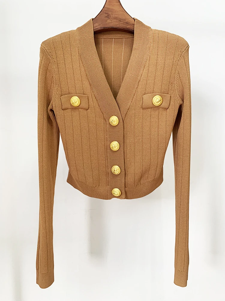 

HIGH STREET Newest 2023 F/W Designer Jacket Women Lion Buttons V-neck Crop Knitted Cardigan