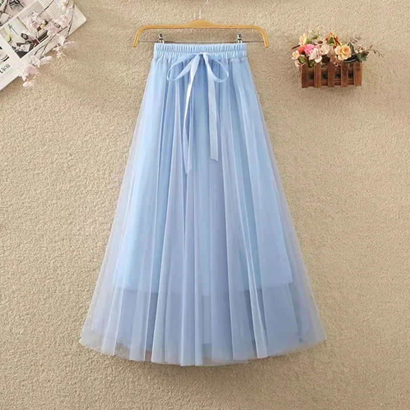 

Bow Belt Tulle Long Skirt for Women 2024 Summer Korean Casual Solid Elegant Mesh A Line High Waist Midi Skirt Female Lady Z429