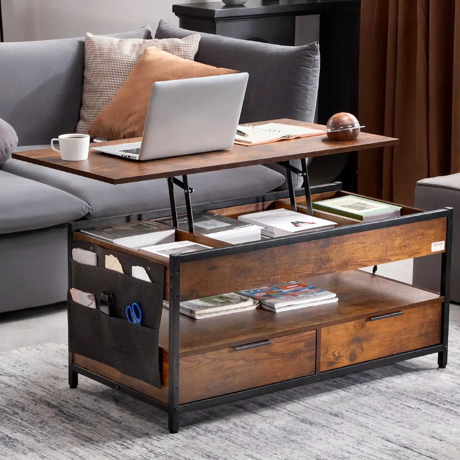 Lift Top Coffee Table - 39.4" Rectangle Coffee Table with Light & USB, Brown 4