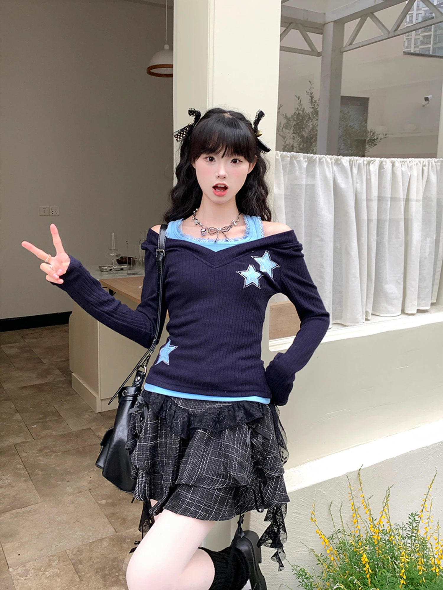 Women's Navy Y2k Star T-shirt Fake Two Pieces Harajuku Long