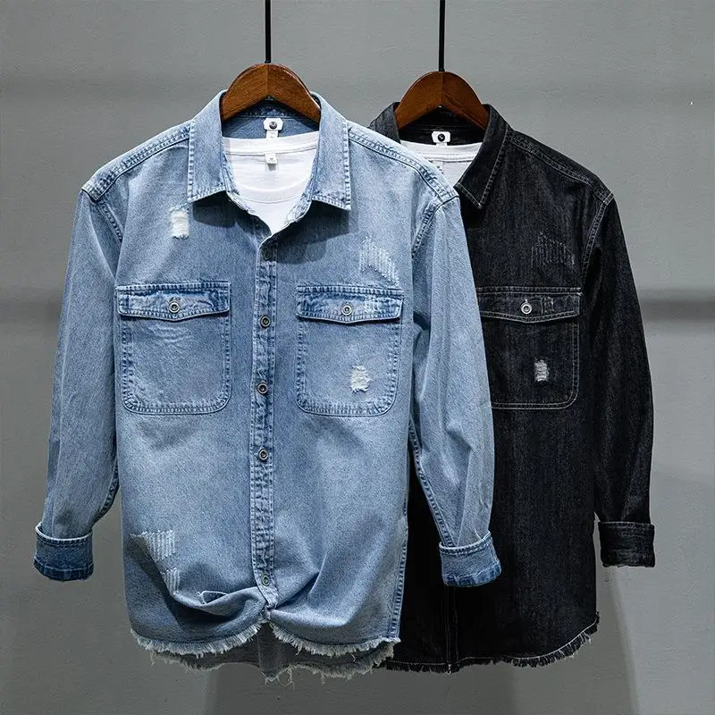 Retro Japanese Style Men's Casual Long Sleeve Denim Shirt Vintage Washed Loose Fit Cotton Polyester Blend Spring Autumn Wear
