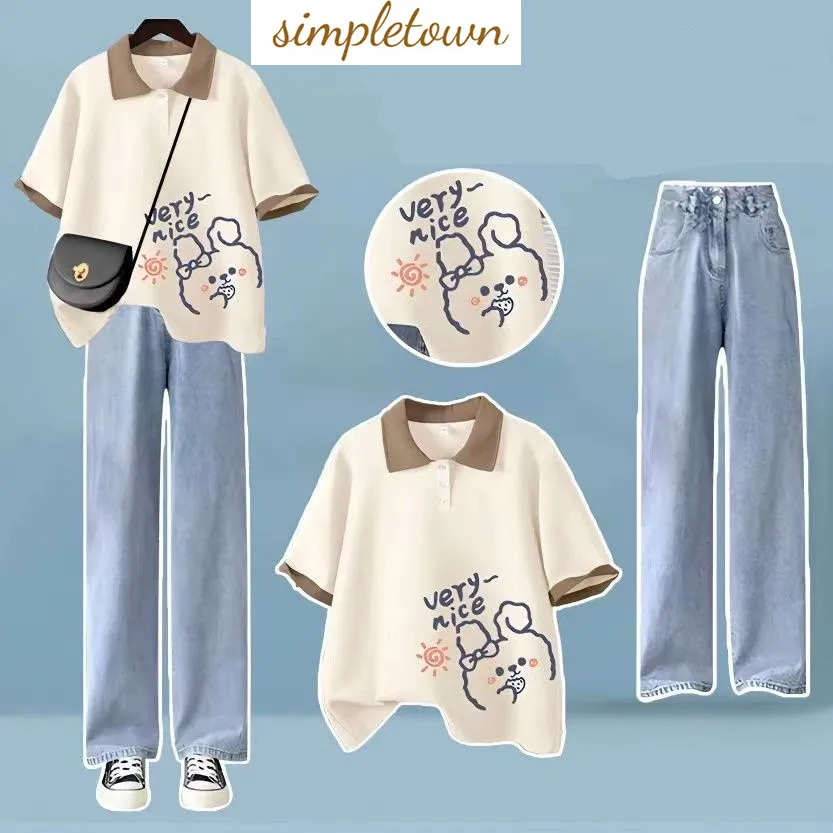 Cartoon Letter Print Polo Neck Short Sleeve T-shirt Wide Leg Jeans Two Piece Set Elegant Women's Pants Set Summer Outfits