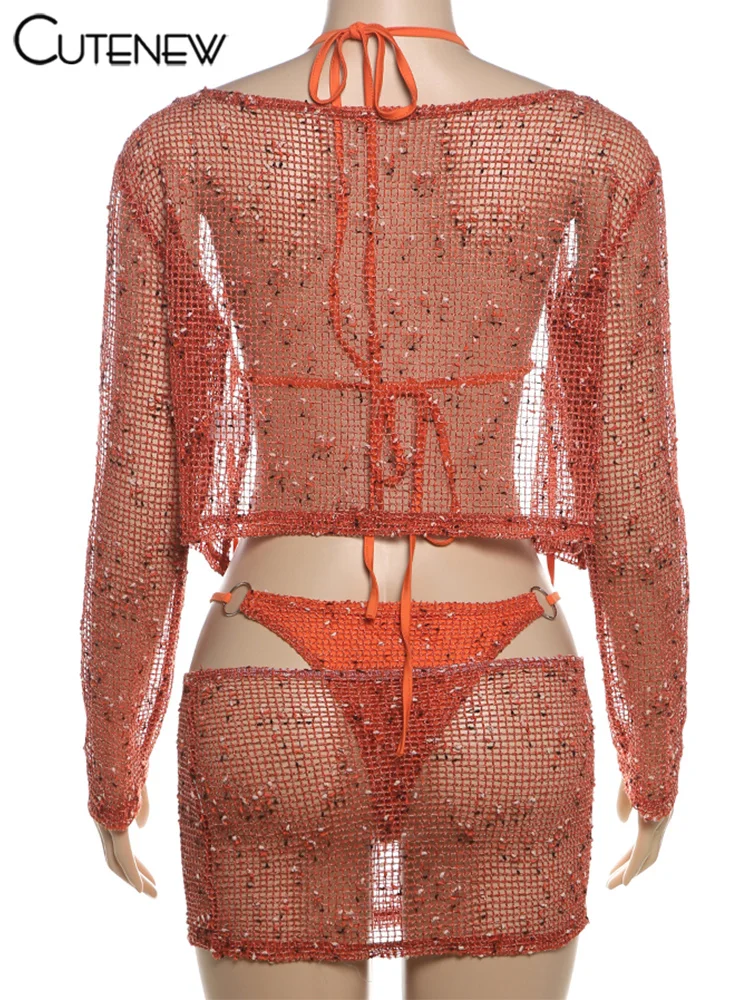 Sequins Shiny 4 Piece Set Women Sexy Halter Bikini+Long Sleeve Crop Tops+Underpants And Mini Skirts Female Midnight Wear