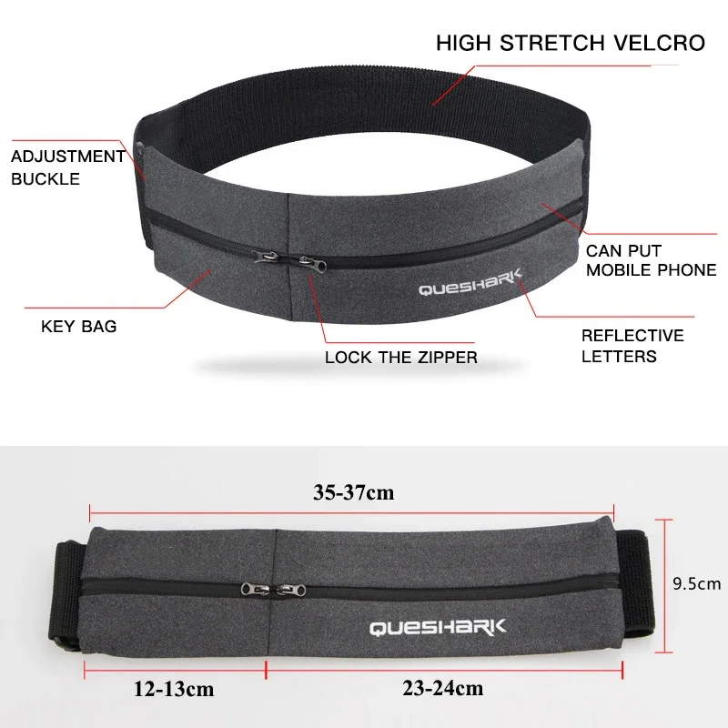 Queshark Reflective Elastic Waistband Sport Bag Double Zipper Pocket Running Gym Yoga Waist Belt Pack Phone Waist Wallet Bag 6