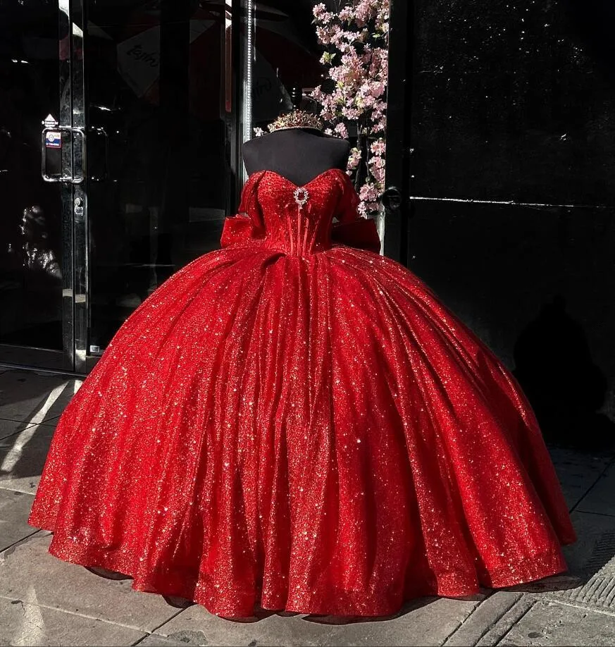 

Красные блестящие Роскошные платья принцессы Quinceanera с бантом 2024 с открытыми плечами корсет на шнуровке vestidos de 15 лет quinceañeras 2024