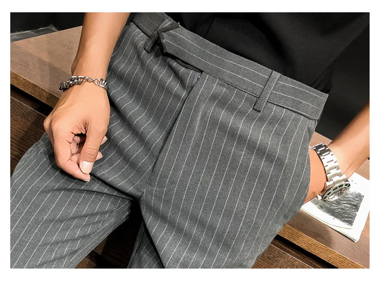 black blazer for men Style British Suit Pants Men Dress Pants Social Slim Fit Office Trousers Men Grey 2022 Spring New Striped Belt Trousers Men's casual blazer