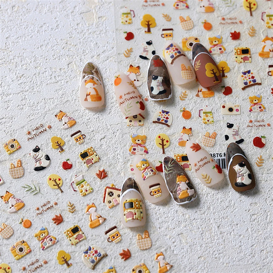 고양이 여우 건강 냄비 카메라 스웨터 곰 나무 낙엽 배낭 사과 과일 음식 5D 접착제 네일 아트 스티커 매니큐어 데칼