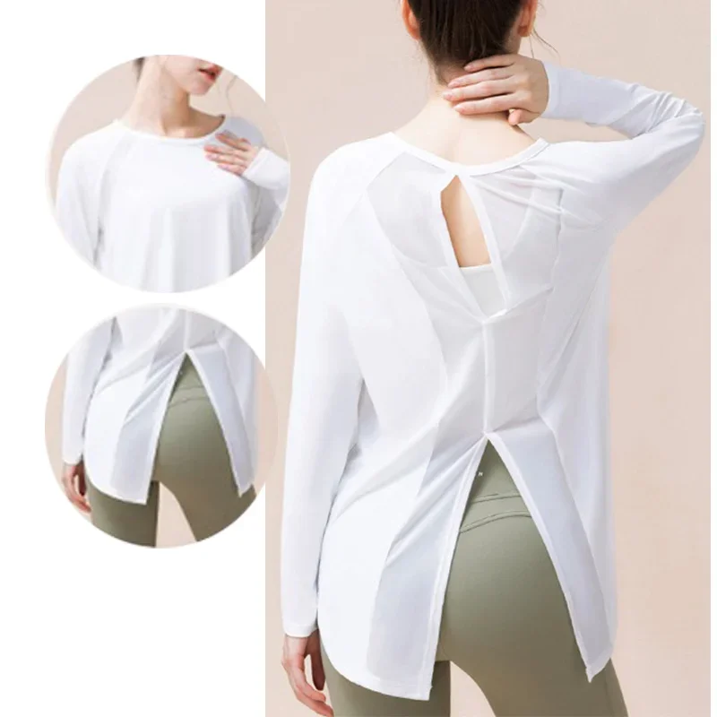 Aiithuug Loose Fit Casual Shirts Soft Mesh Split Back Yoga Long Sleeve Casual Tops Relaxed Shirts Workout UV Quick Dry