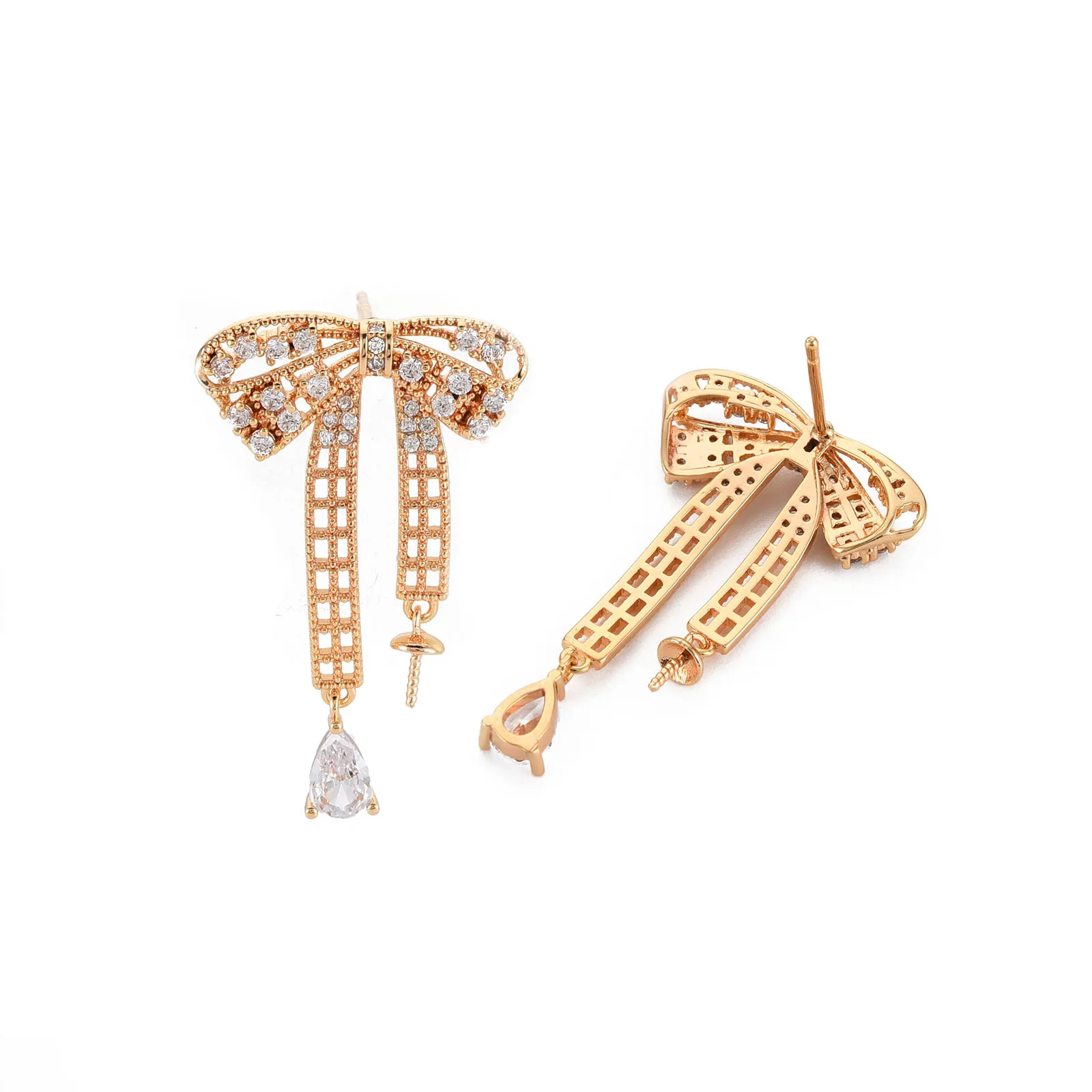 Kissitty 10Pcs Bowknot Shape Brass Micro Pave Clear Cubic Zirconia Stud Earring Findings Accessories Jewelry Findings Gift