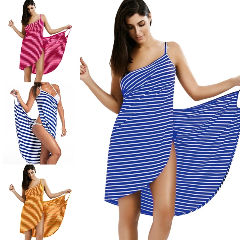 bathing suit bottom cover up Women Summer Wearable Bath Towel Striped Print Spaghetti Strap Wrap Beach Dress Sling Bathrobe Blanket Swim Cover Up beach maxi dress with sleeves