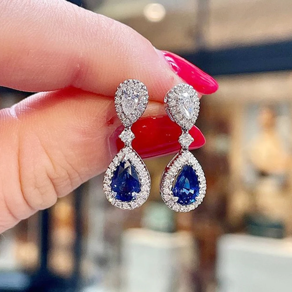 Huitan Fashion Luxury Blue/White Pear CZ Drop Earrings New Engagement Wedding Ear Accessories for Women Fancy Anniversary Gift