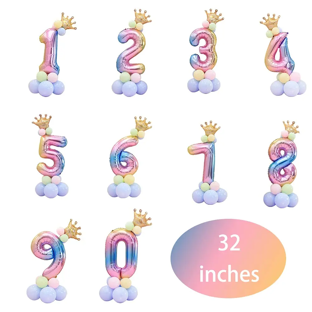 14 Stück Farbverlauf Regenbogen 32 Zoll Folien Geburtstagsballons Zahlenballons 0-9 Geburtstagsparty Dekorationen Kinder Babyparty Luftballons