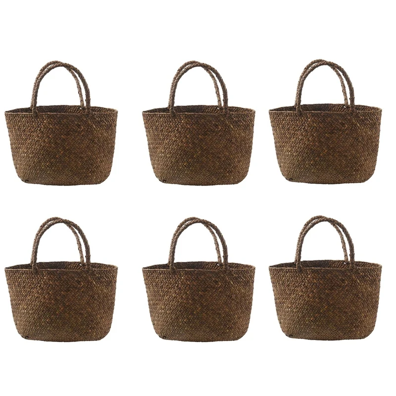 

6X Casual Straw Bag Natural Wicker Tote Bags Women Braided Handbag For Garden Handmade Mini Woven Rattan Bags