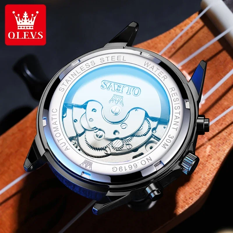 OLEVSBrand Skeleton Waterproof Men's automatic Mechanical Watch Prismatic Dial Stainless steel Luminous Male Wristwatch 6619