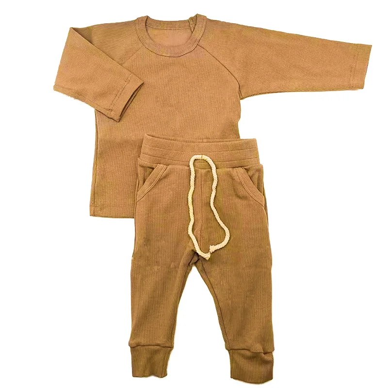 Baby Solid Color Long Sleeve Round Neck Ribbed Cotton Boys 2-Pieces Outfits Pajamas Clothes