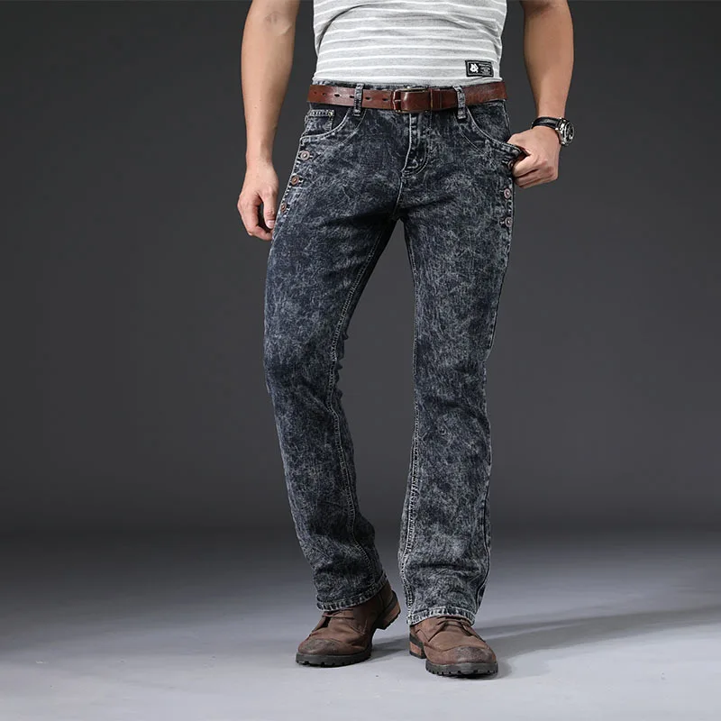 

Fashion Street Stretch Flare Jeans Men Boot Cut Leg Vintage Designer Classic Daily Ripped Button Denim Pants Gray Free Shipping