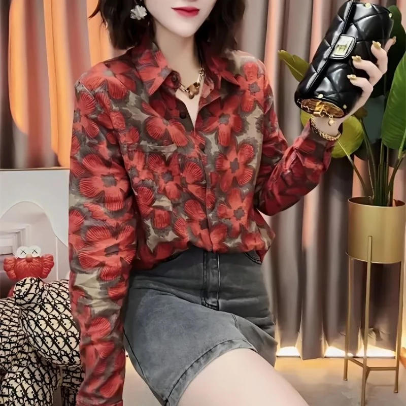 2024 Spring and Autumn Season New Fashion Trend Street Printed Shirt Women's Korean Edition Slimming Long Sleeved Lapel Casual L four season model large size business casual leather shoes british fashion trend breathable formal wedding leather shoes cb113