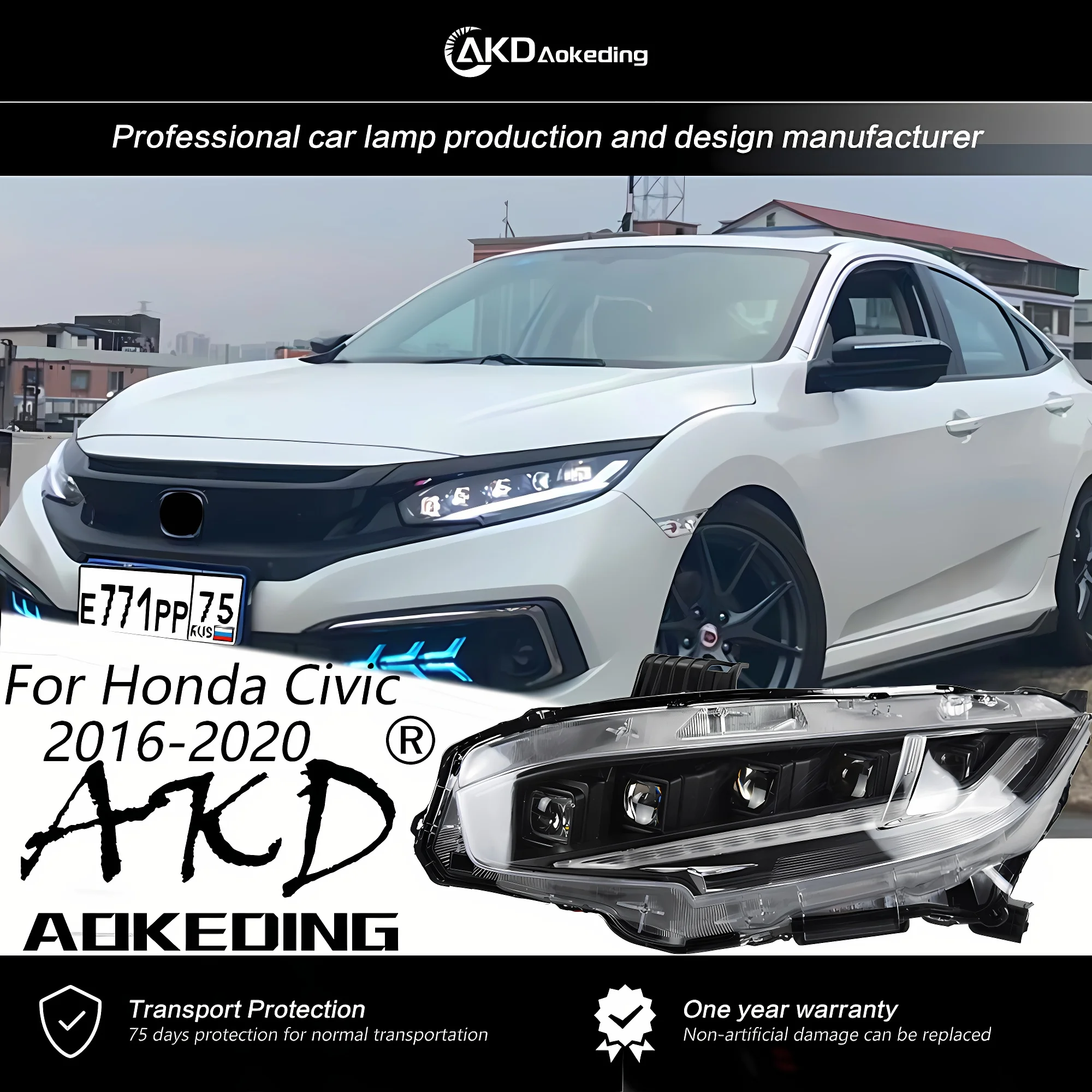 

Передняя лампа AKD для Honda Civic X G10 фары 2016-2019 новая Civic светодиодная фара в сборе с обновленным сигналом автомобильные аксессуары 2 шт.