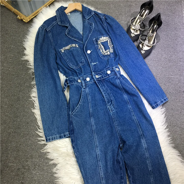 

Long Sleeve Women Denim Jumpsuits 2023 New Spring Fashion Water Drill Pockrt Elastic Waist Blue Jeans Autumn Casual Overalls