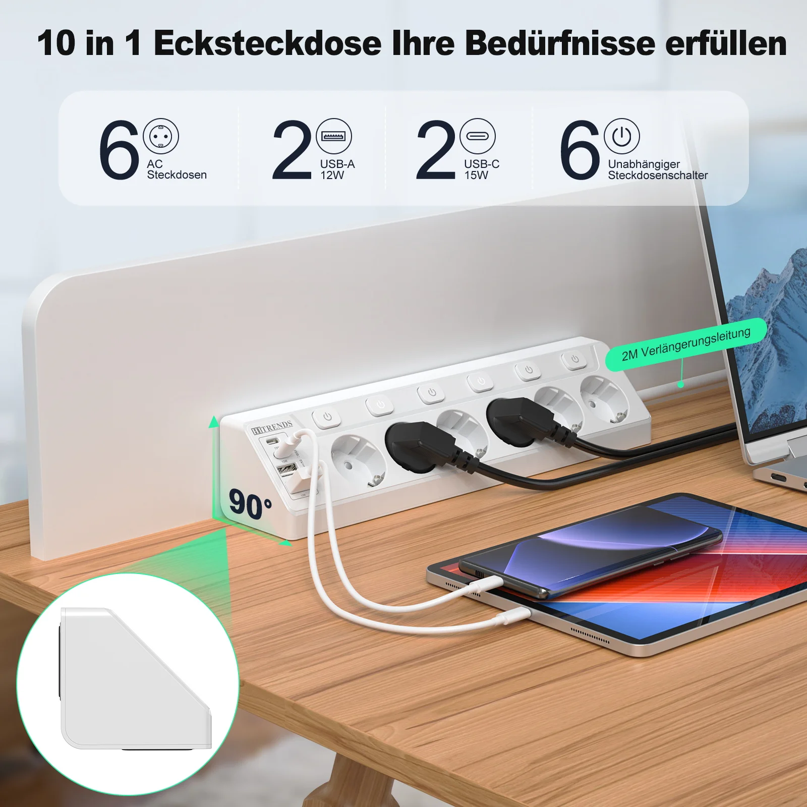 EU Plug Wall-Mounted Power Socket with 6 AC Outlets, 4 USB Ports & Child Safety Features - 2 Meter Extension Cord