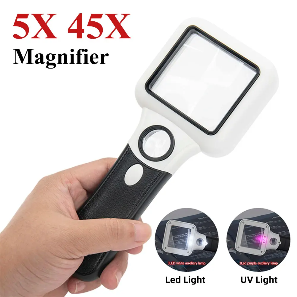 

5x 45x Reading Magnifying Glass with LED Lights UV Lamp Handheld Magnifier Illuminated Jewelry Loupe Money Detector for Seniors
