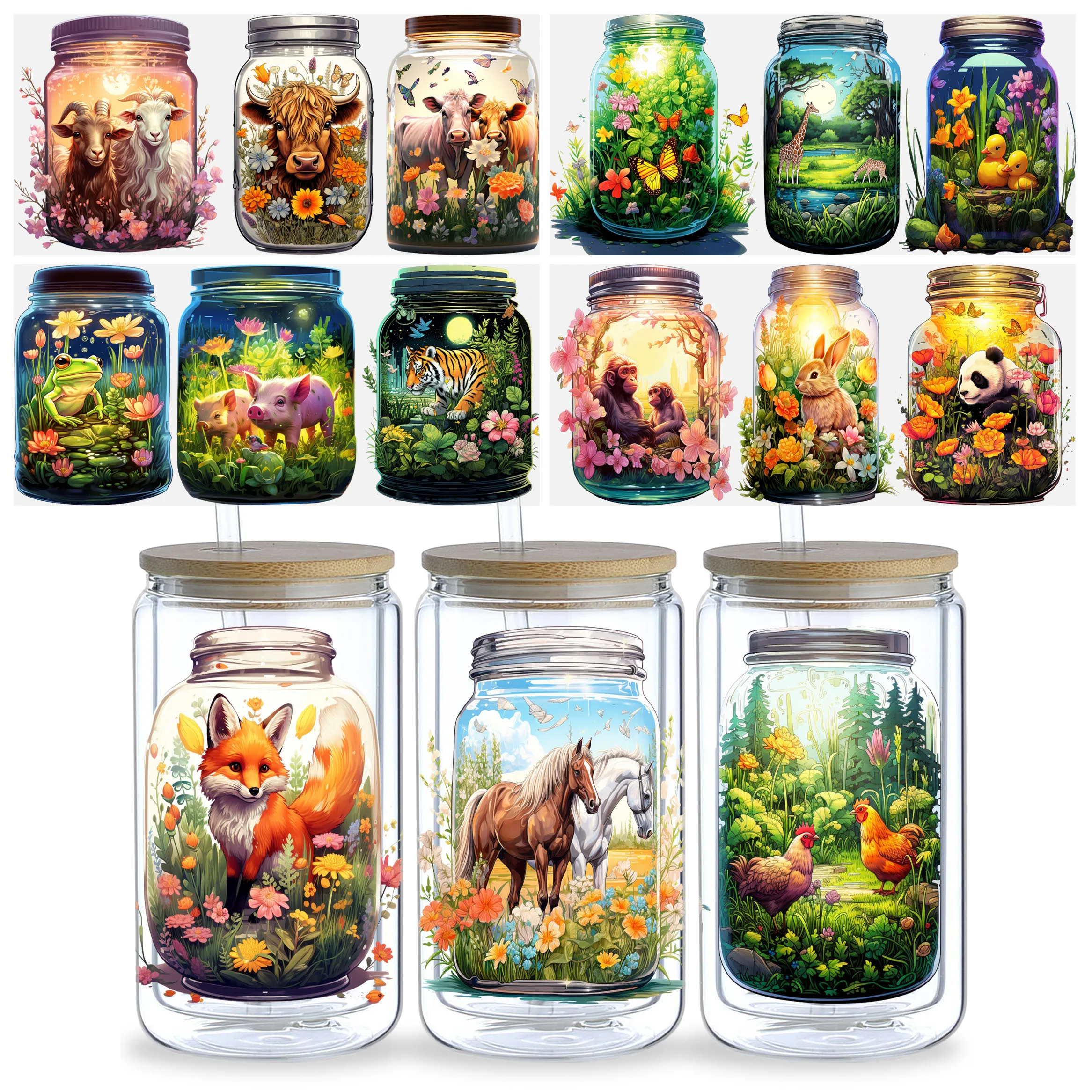 5 Sheets Animals in Bottle UV DTF Cup Stickers 16 oz, DTF Friction Transfer Stickers, Waterproof Funny Animal Stickers for DIY,