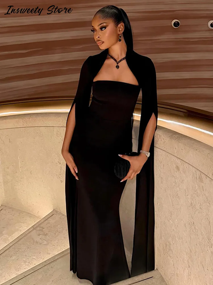 فستان سهرة خمري طويل بكاب