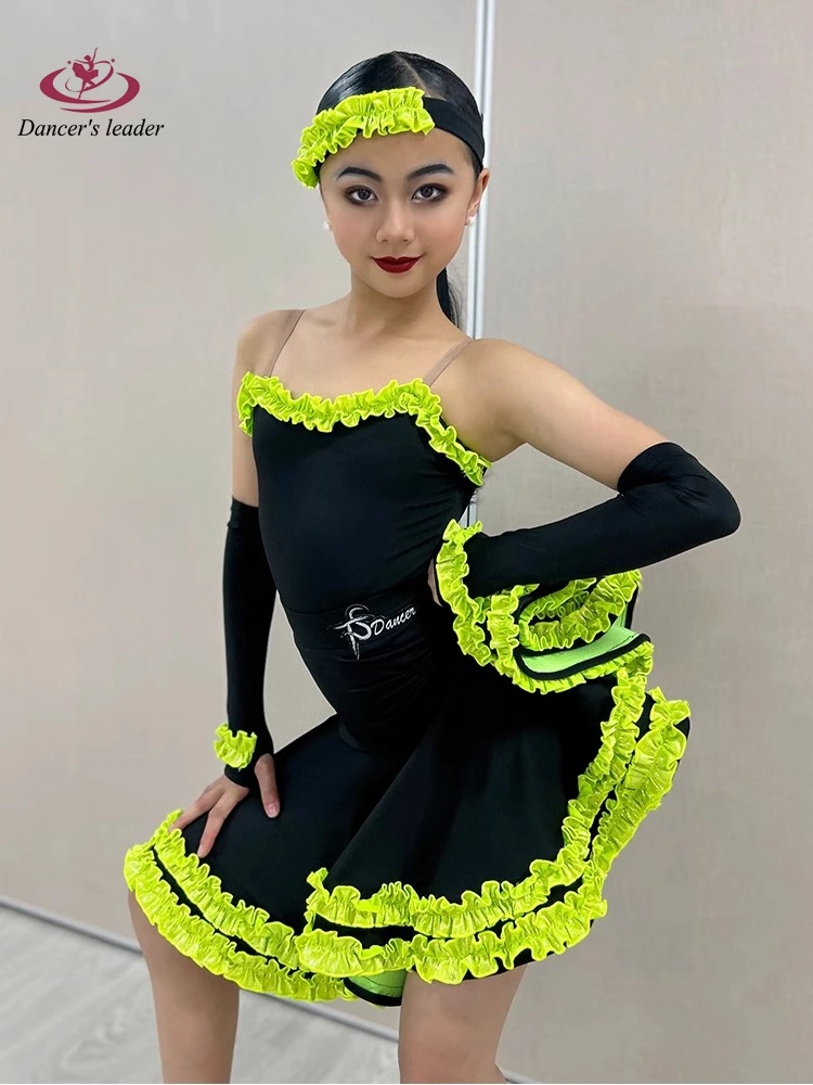 

Платье женское кружевное для латиноамериканских танцев, профессиональная стандартная одежда с широкой юбкой, на бретелях для выступлений и танго