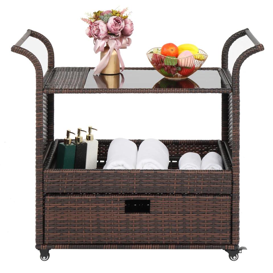 Outdoor Wicker Rattan Bar Cart on Wheels