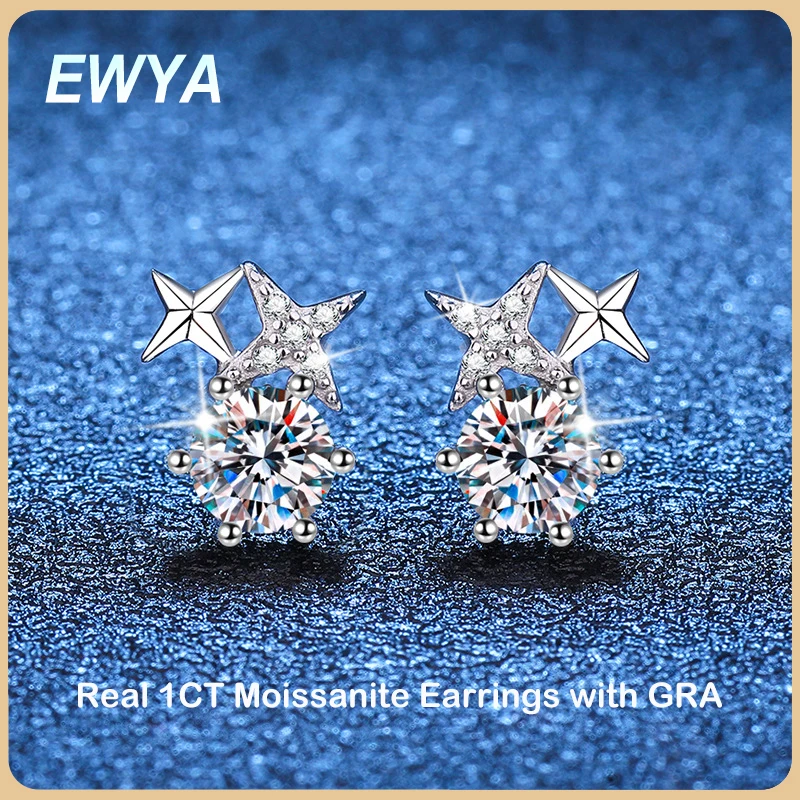 

EWYA 2023 New In D Color 1CT Star Moissanite Stud Earrings For Women Party Fine Jewelry S925 Sterling Silver Diamond Earring