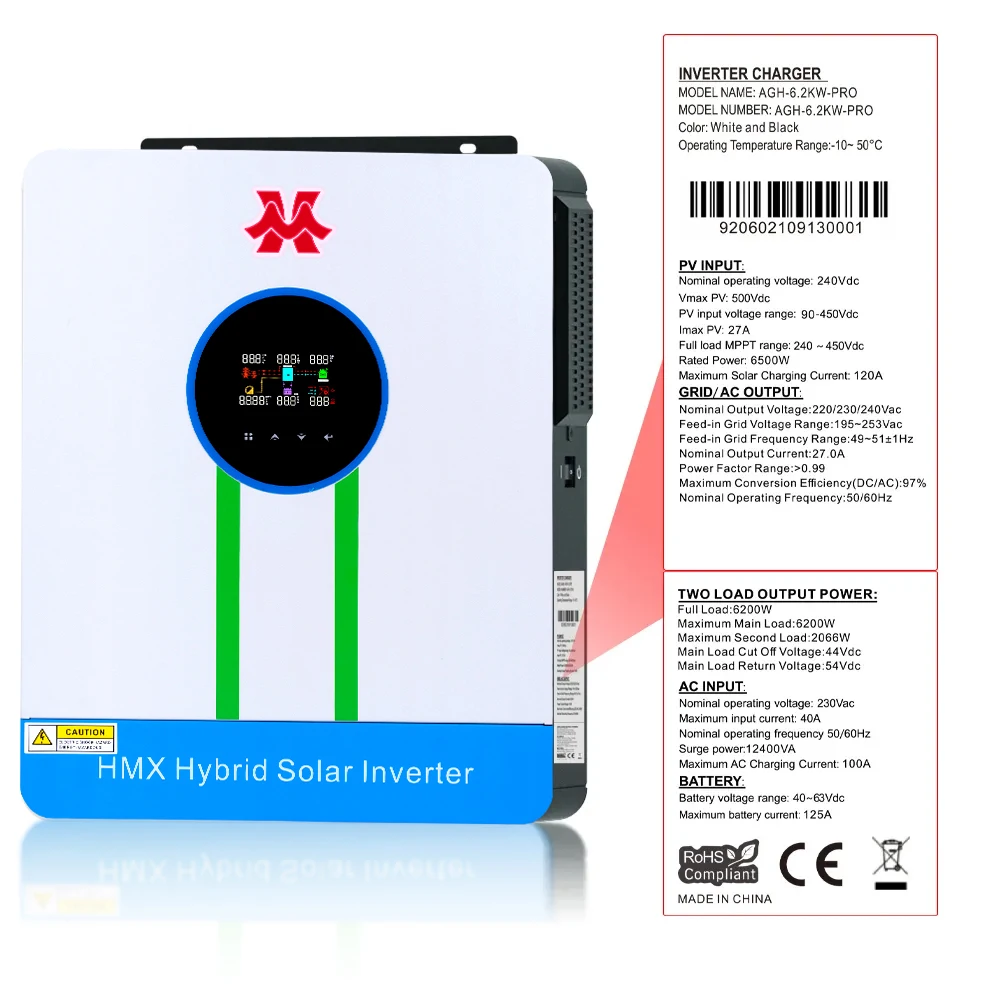 Single Phase 48V 6.2KW 6200W Pure Sine Wave Hybrid Solar Inverter 220 ...